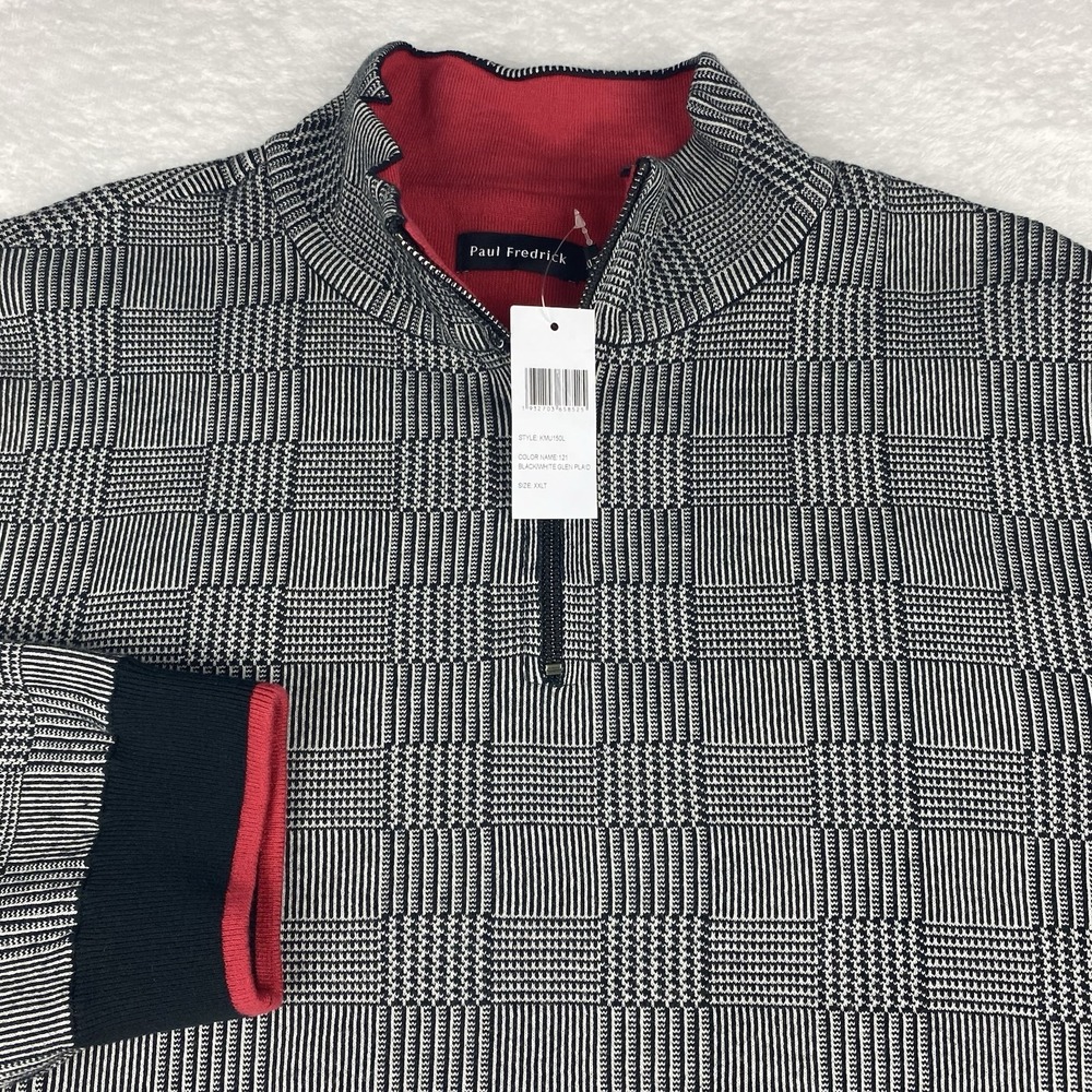 Paul Fredrick 1/4 Zip Sweater Mens 2XLT Black/White Glen Plaid NWT!